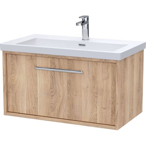 Sturbridge Contemporary 1 Drawer Wall Hung Vanity Unit with 1 Tap Hole Contemporary Fireclay Basin , 800mm, Bleached Oak