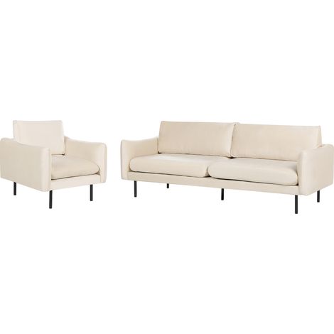 Conjunto de sala de estar 3 plazas estilo retro moderno sofá y sillón de terciopelo beige claro patas negras Vinterbro