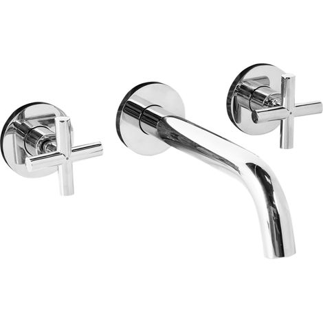 Rubinetto miscelatore per lavabo a parete con 3 fori doppia maniglia in ottone color argento KAIETEUR