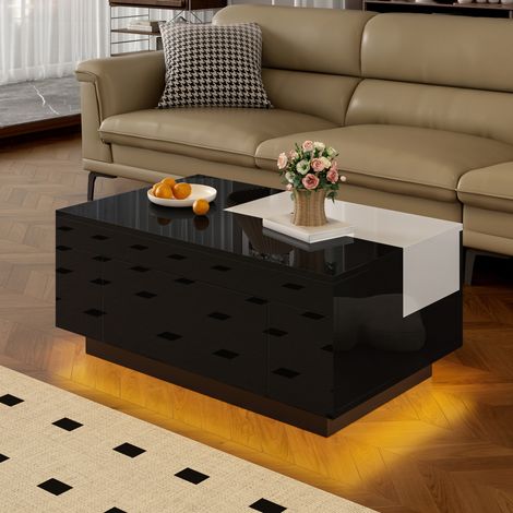 CHICFURN Mesa de centro 80x50x35,5 cm de MDF negro y blanco con LED y almacenaje oculto (1/5)
