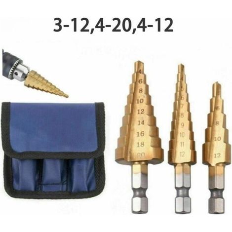 3Pcs HSS Steel Conical Drill Bits Titanium-plated, 3 sets of stepped drill bits with hexagonal shank: 3-12, 4-20, 4-12 bags (1/4)