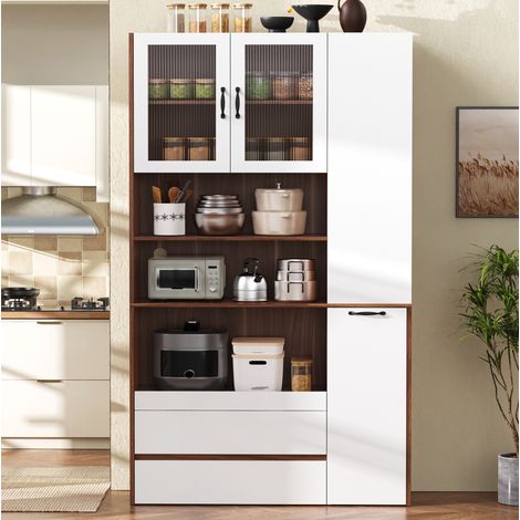 MEUBLIV Buffet haut blanc et noyer 100x40x200 cm – étagères réglables et tiroirs (1/5)