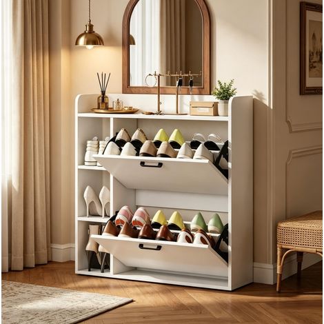 Weiße Schuhkommode bis 15 Paar, 2 Klappfächer, 83 x 24 x 90,5 cm HAVRYA (1/5)