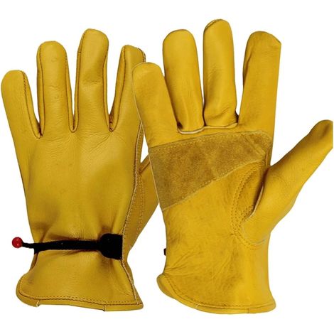 Guanti resistenti al calore, guanti protettivi in pelle bovina gialla a doppio strato, guanti da lavoro in pelle da uomo per forni/caminetti/saldatura/stufe (L) (1/5)