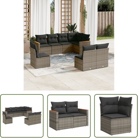 The Living Store Salon de jardin 8 pcs avec coussins gris résine tressée - Ensemble Salon De Jardin - Mobilier De Jardin - Salon Extérieur - Résine Tressée - Rotin Synthétique (1/5)