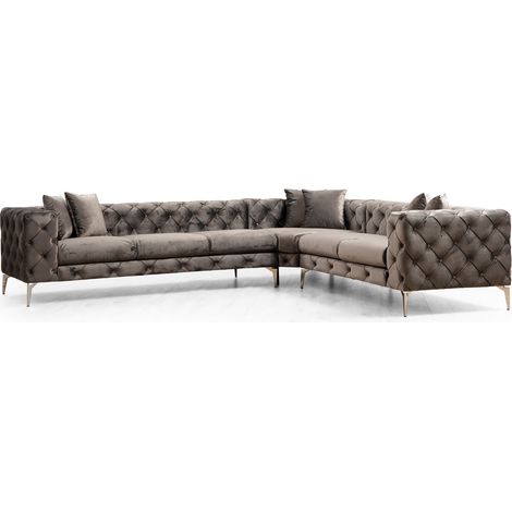 Les Tendances – Canapé d'angle droit capitonné velours gris foncé – Longueur 270 cm – Structure bois massif et métal chromé – 6 oreillers inclus (1/5)
