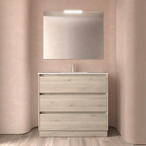 Ensemble complet Noja 1000 3 tiroirs NATUREL + meuble-lavabo + miroir + éclairage (1/4)