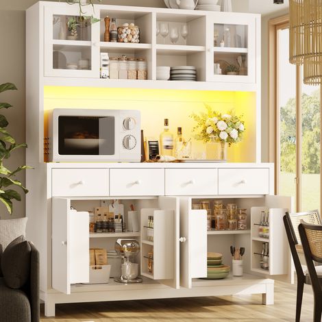 Credenza alta cucina bianca con LED RGB App, ante in vetro, 4 cassetti, MDF e metallo (1/5)
