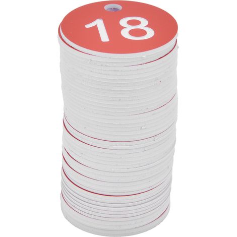 50 étiquettes numérotées pour ruches, avec trou, pour l'apiculture. Numéro rouge 1-50.