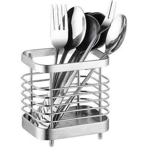 Portaposate da cucina - organizer per utensili - organizer da piano di lavoro - acciaio inox - 10x7,5x15 cm - argento (1/5)