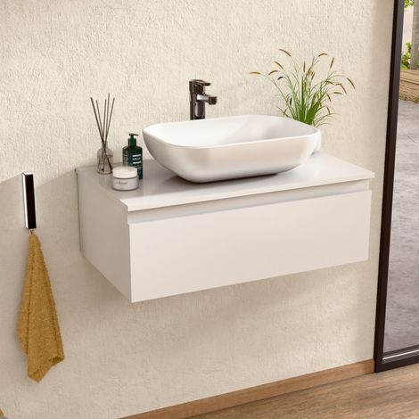 BELLOBATH – Hängender Badezimmerschrank mit Keramikwaschbecken, Badezimmerschrank mit 1 Schublade, 80 x 27 x 46 cm, weißer Schrank