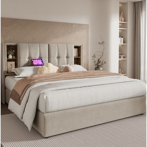 Cama 180x200 cm natural tapizada en lino - carga inalámbrica y almacenaje (1/5)