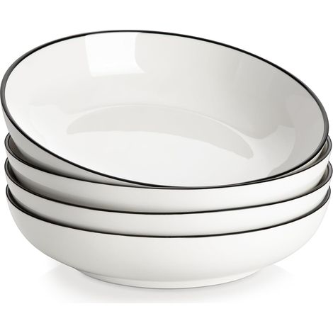 Series 1250ml Porcelain Pasta Plates, Soup Plates, Salad Bowl Set Pieces, White with Black Rim (1/5)