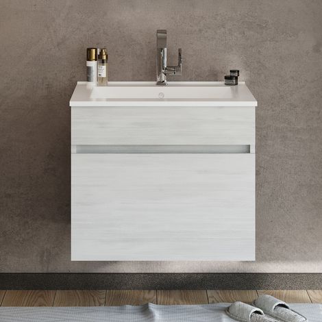 Saniverre – Meuble sous vasque 1 tiroir chêne blanc – Largeur 60 cm – Vasque céramique encastrée – Tiroir coulissant soft-close (1/5)