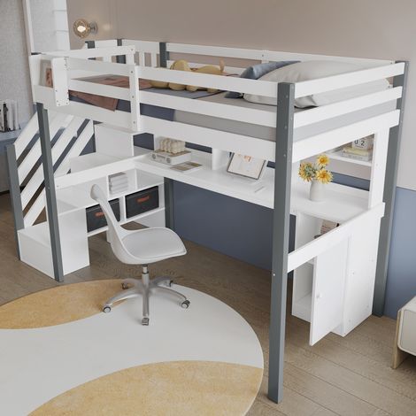 Lit mi-haut avec rangement tissu, grand coffre intégré, échelle latérale, étagère ouverte, lit enfant avec bureau et casiers, pin et MDF, blanc et gris, 90x200 cm (1/5)