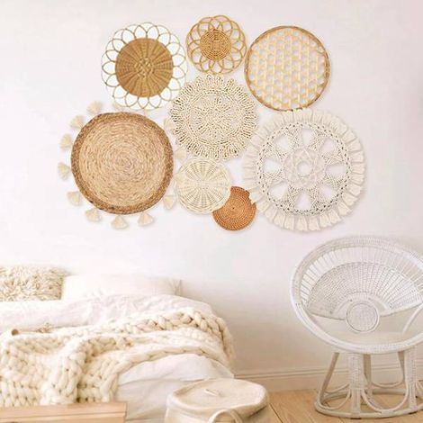 1 set. Colour: see photo. Material: braided straw wall decoration, bohemian style, combined wall hanging, dining room ornament. (1/5)