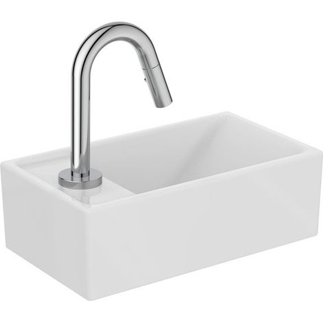 Paquete de lavabo EUROVIT +, estante IDEALSTREAM izquierda blanco y cromado con grifo de columna IDEAL STANDARD