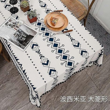 Nappe bohème (140 x 200 cm) en coton et lin, jetable, style ethnique, à pompons rectangulaires, imperméable et résistante à l'huile. (1/4)