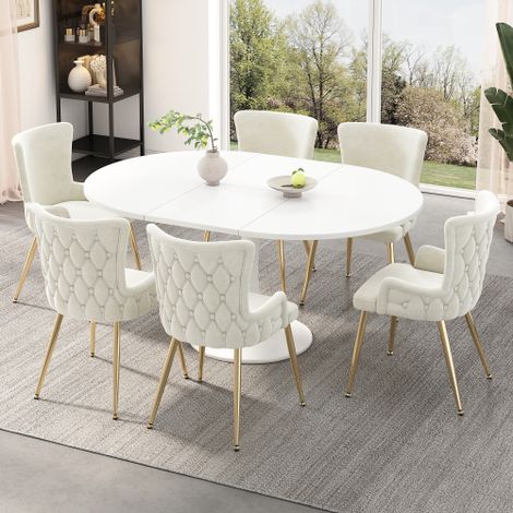 Chaises de salle à manger en velours (Lot de 4) — Chaises d'appoint luxueuses, adaptées au salon et à la chambre  dotées de quatre pieds en métal doré — Beige.