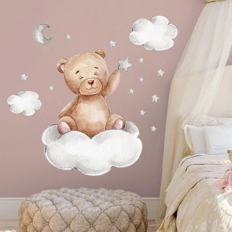 Ours lune nuage étoiles dessin animé Stickers muraux chambre chambre d'enfants fond décoration murale autocollants (1/3)
