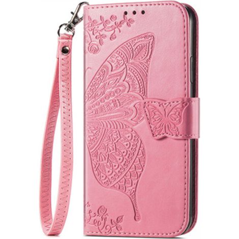 Custodia per iPhone 14 con supporto, in similpelle con motivo a farfalla, chiusura magnetica e scomparto per carte. (1/2)