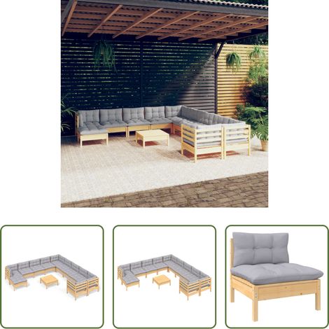 Holzgartenmöbel -  12-tlg. Garten-Lounge-Set mit Grauen Kissen Kiefernholz (1/5)