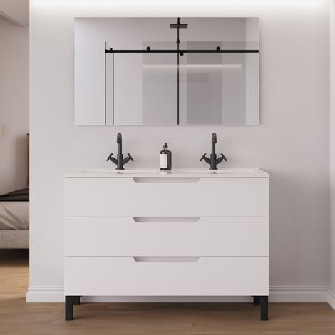 Meuble de salle de bain 120cm double vasque - 3 tiroirs - blanc mat - RIZA (1/5)