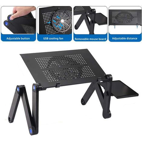 1 Support ordinateur portable, Aluminium réglable 360°, Ventilateur intégré, Tapis souris, Pour lit canapé bureau (1/5)