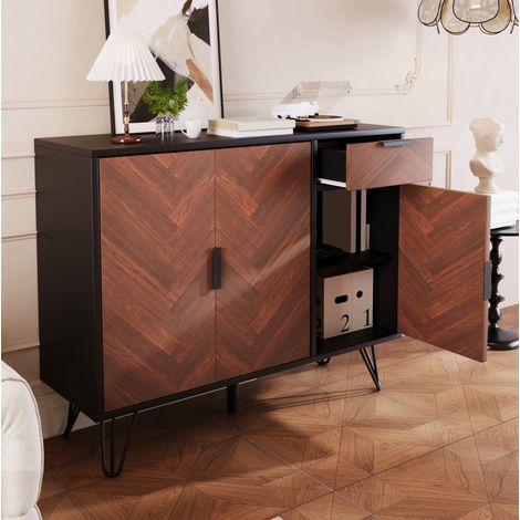Buffet 90x30x71,5 cm en panneaux de bois noir et bois, avec rangement pour salon moderne FloraGrace (1/5)