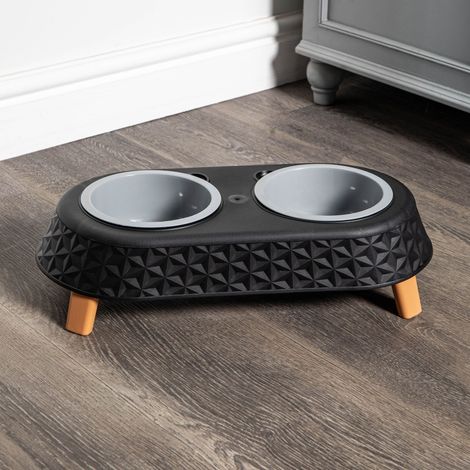 16cm x 9cm Black Plastic Raised Double Pet Bowl Feeding Station with Stand (1/5)