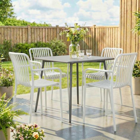 Juego de 4 Sillas de Jardín Exterior Apilables de PP con Respaldo Curvado Asiento de Listones 55x58,5x81,5 cm Blanco (1/5)