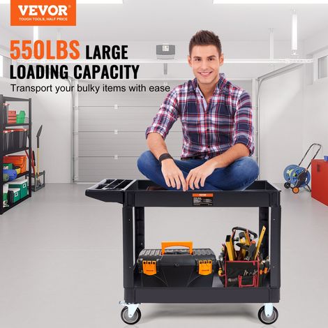 Chariot de Service 116x65x85 cm Chariot de Transport Utilitaire 2 Étagères Capacité Totale 250 kg 125 kg/Étagère Roues Pivotantes 360° (2 avec Freins) avec Poignée pour Entrepôt Garage Nettoyage (1/5)