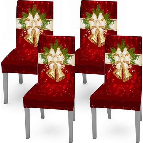 Lot de 4 housses de chaise de Noël extensibles et élastiques - Motif grelot rouge - Pour fête de Noël, cuisine, maison, salon, hôtel, bureau (1/5)