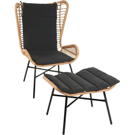 Poly-Rattan Set HHG-316b, Balkon-Set Gartengarnitur Sitzgruppe Stuhl+Hocker Sessel, Seil naturfarben, Kissen anthrazit