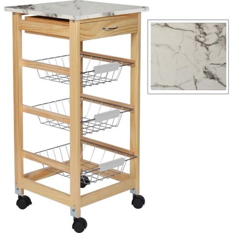 Carrello da Cucina in Legno Chiaro Effetto Marmo con 3 Ripiani 37 x 37 x 76 cm