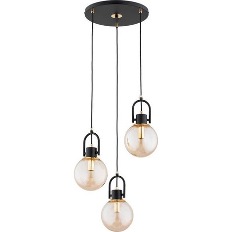 Alfa STORMI Modern Round Pendant Ceiling Lamp 38cm H95cm Black Metal with 3 Gold Spheres, 3xE14 (max 10W) Dimmable Hanging Light for Dining Living Room Hallway