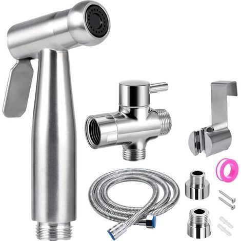 Douchette Wc Kit Complet - Kit Douchette Wc avec Vanne 3 Voies (1/2"-3/8") I Tailles Standards France (Argent) (1/5)