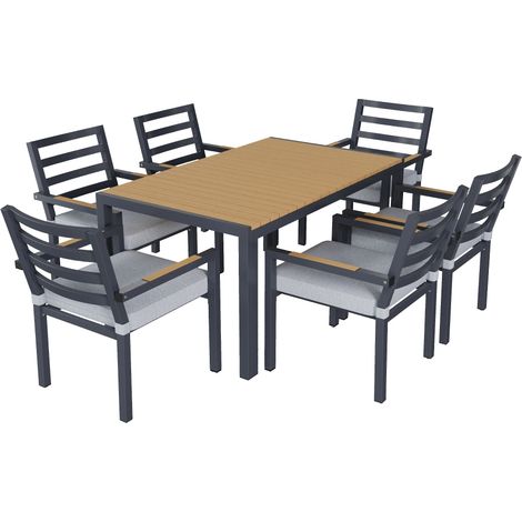 Set de jardin pour 6 personnes – Table et 6 chaises avec accoudoirs, cadre en fer galvanisé robuste, plateau en bois composite (WPC) résistant aux intempéries – Idéal pour terrasse et balcon – Gris