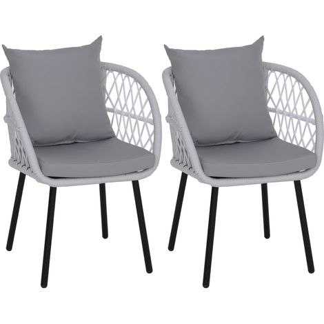 [JAMAIS UTILISÉ] Lot de 2 chaises de jardin HHG-393, fauteuils de jardin avec accoudoirs, structure en aluminium tressé Rope, structure noire, rembourrage gris clair (1/5)