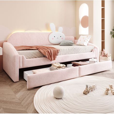 Letto bambino 90 x 200 cm con contenitori, LED, cuscino coniglio e velluto rosa DESVIAE (1/5)