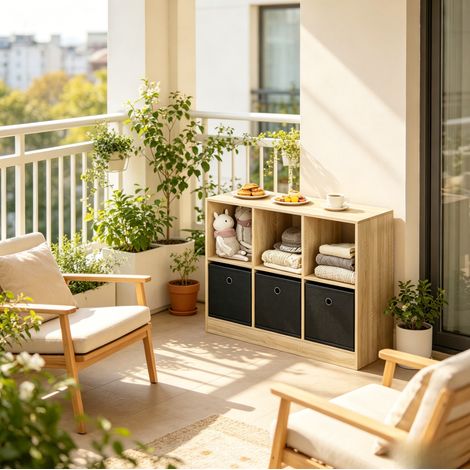 Meuble de rangement étagère cube 80 x 30 x 61 cm avec 3 tiroirs en tissu, chêne clair et noir HAVRYA (1/5)