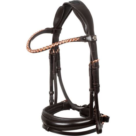 Testiera Ninfea in pelle con capezzino imbottito e frontalino fino rose gold: PONY, Nero