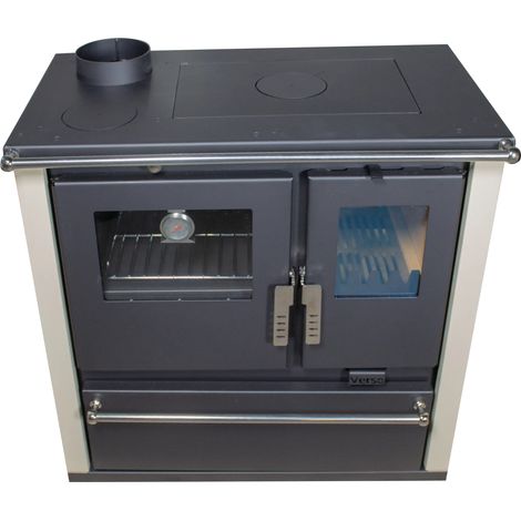 Cuisinière à bois 7,7 kW – Four inox – Plaque métal – Panneaux ivoire – Volume chauffable 100-120 m³ – Rendement 82,2% – Verso (1/5)