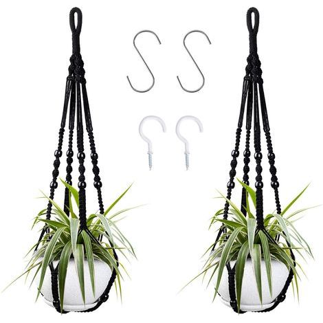 Suspension pour plantes d'intérieur en corde de coton noire, 85 cm, avec perles en bois, pour décoration intérieure, sans crochets, 2 paires (1/5)