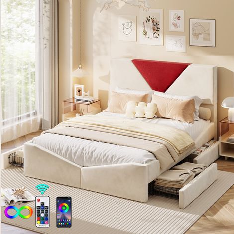 Letto matrimoniale 140x190 cm - letto 140x190 con contenitore, design triangolare bicolore bordeaux, testiera LED regolabile, tessuto in velluto, stile moderno ed essenziale - Beige