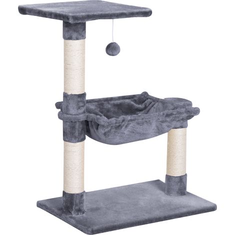 Arbre à chat 3 griffoirs sisal naturel plateforme hamac boule suspendue 50x36x70cm peluche gris (1/5)