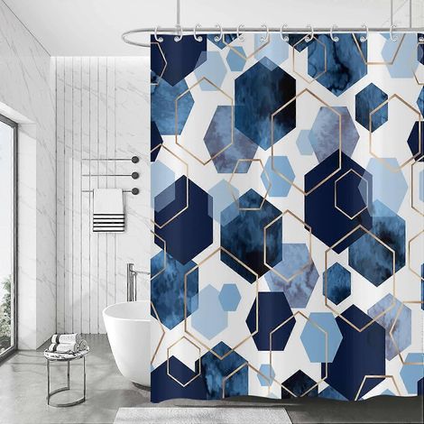 Rideau de douche bleu 180x200, motif géométrique hexagonal abstrait moderne, tissu polyester imperméable et lavable, avec crochets (1/5)