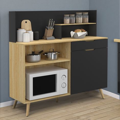 Aparador de cocina bajo 120 CM Encimera OLAF H.83 cm 1 puerta + 1 cajón haya y negro