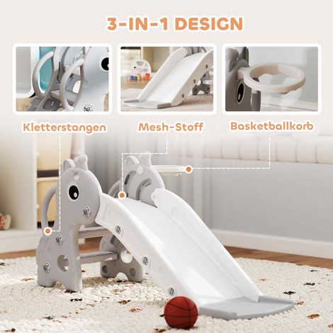 Toboggan 3-en-1 pour enfants, forme de girafe, panier de basket avec ballon, gris (1/5)