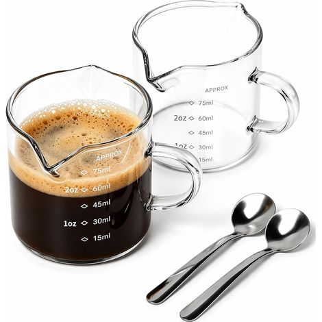 Set de 2 Tasses à Espresso en Verre Double Paroi 100 ml avec Anse, Graduation 75 ml, Verre Doseur avec Bec Verseur en V, Pichet à Lait Inclus avec 2 Cuillères à Café (1/5)